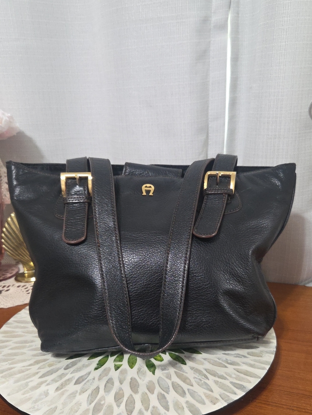 Vintaged Etienne AignerClassic Black Leather Tote with Gold Hardware